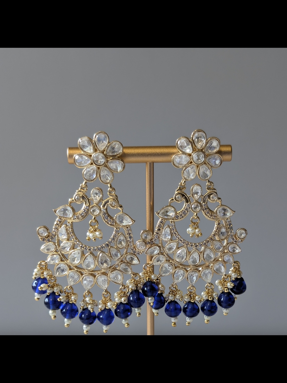Gold-Tone Chandbali Earrings with Blue Beads